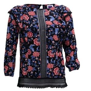 SUI Anna SUI carnation rose print top with lace sheer inset size xs